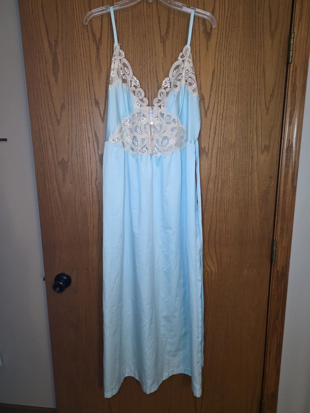 Vintage Light Blue Slip Dress with Cream Lace Trim